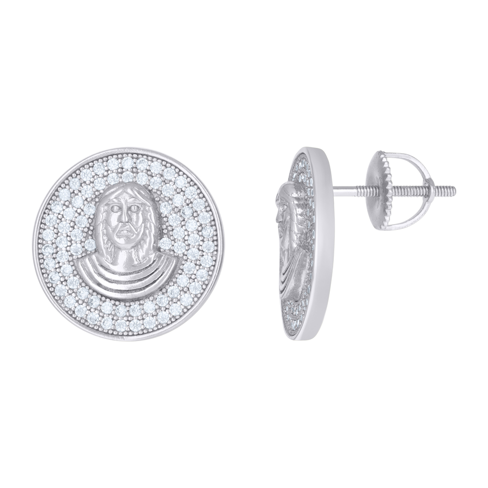 925 Sterling Silver Mens Cubic-Zirconia Jesus Religious Stud Earrings